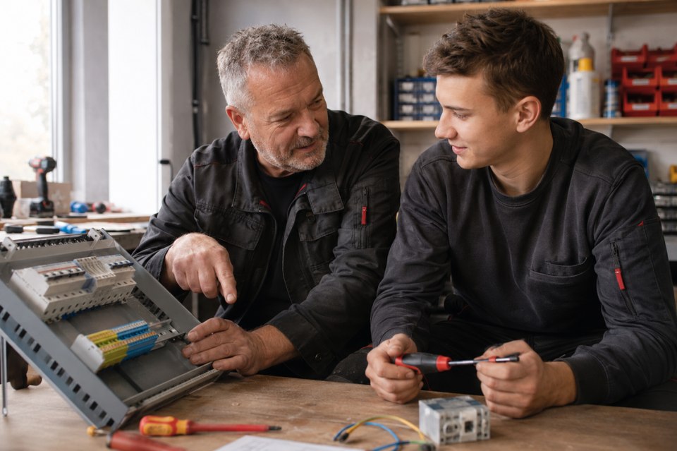 Beispielmotiv: Ein erfahrener Kollege erklärt einem jungen Menschen die Arbeit.