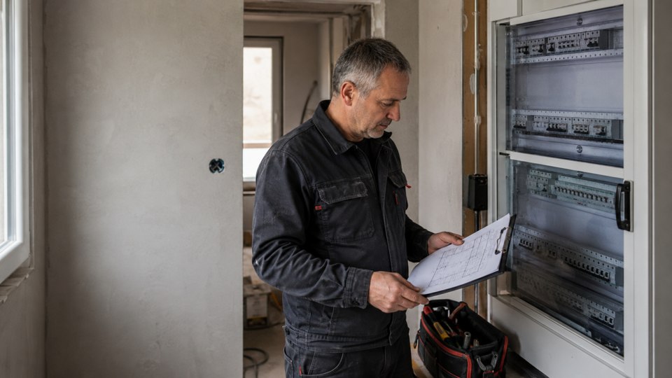 Beispielmotiv: Elektriker mit Plan vor einem Verteiler.